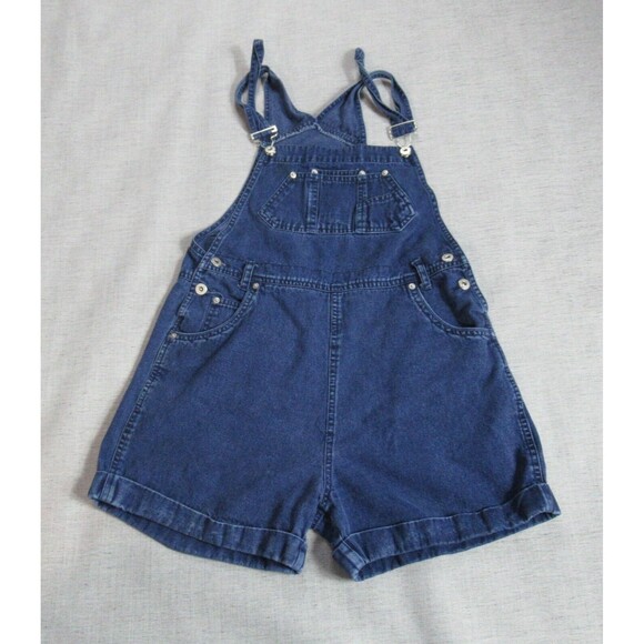 VTG Xhilaration Jean Overall Shorts Shortalls Women 11 Blue Denim Back Patch Y2K - Picture 1 of 12